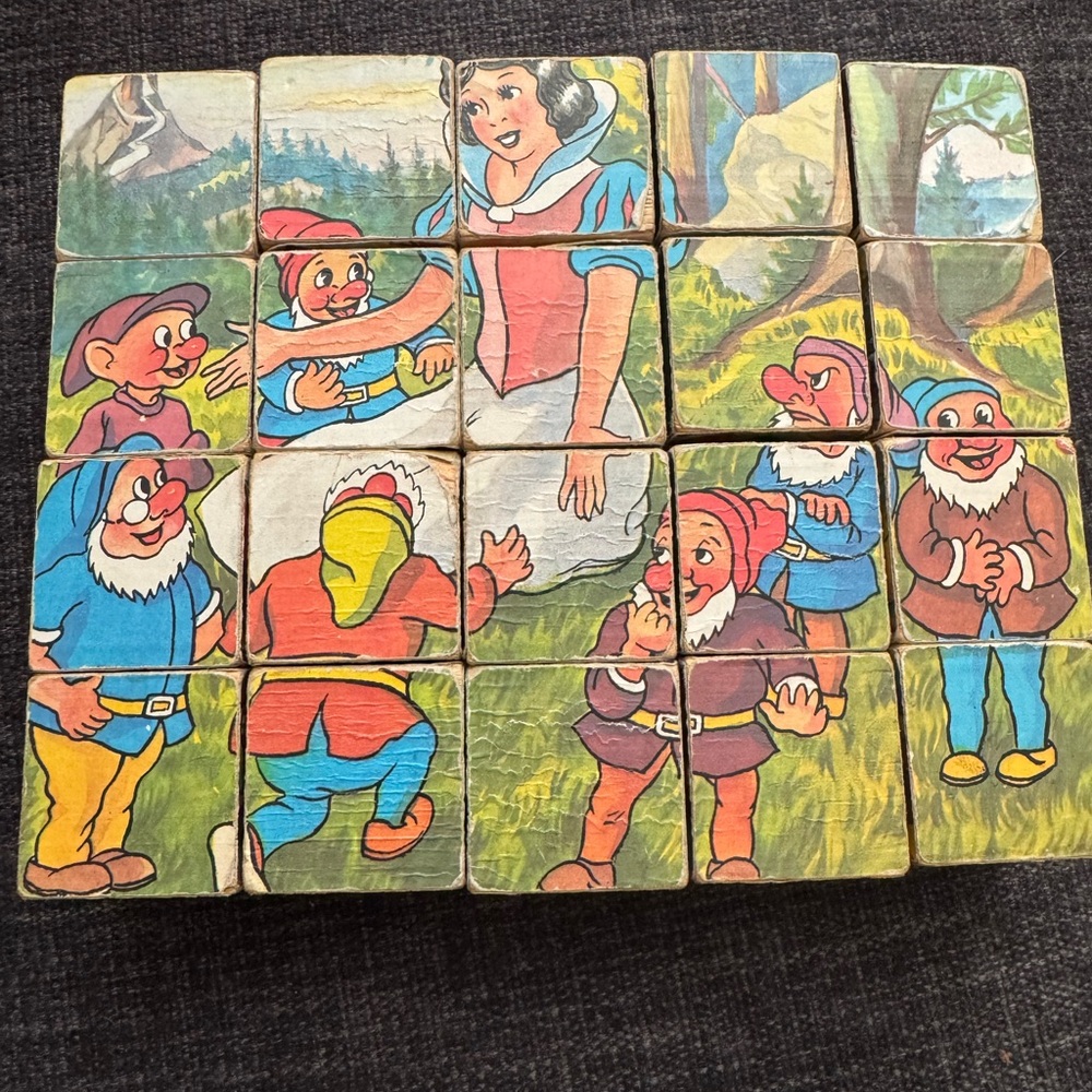 Vintage almost antique Wooden Puzzle Blocks with Snow White Fairy Tale Design